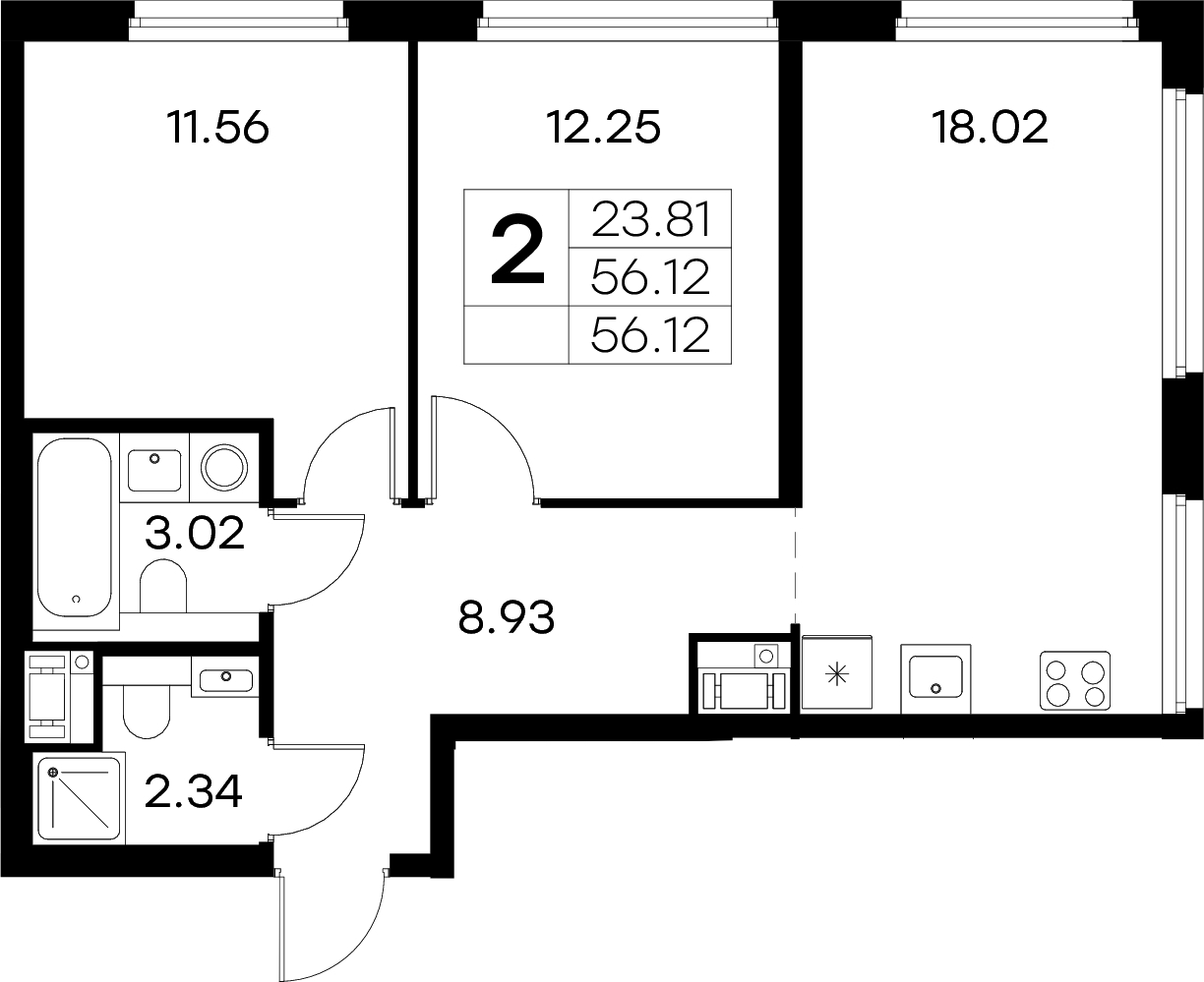 2-комнатная квартира 56.13 м², 3/18 эт., ЖК «Glorax City Василеостровский»